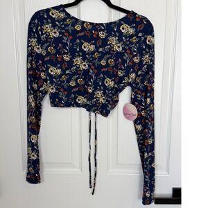 Full Circle Trends Navy Blue Floral Long Sleeve Open Back Crop Top NWT